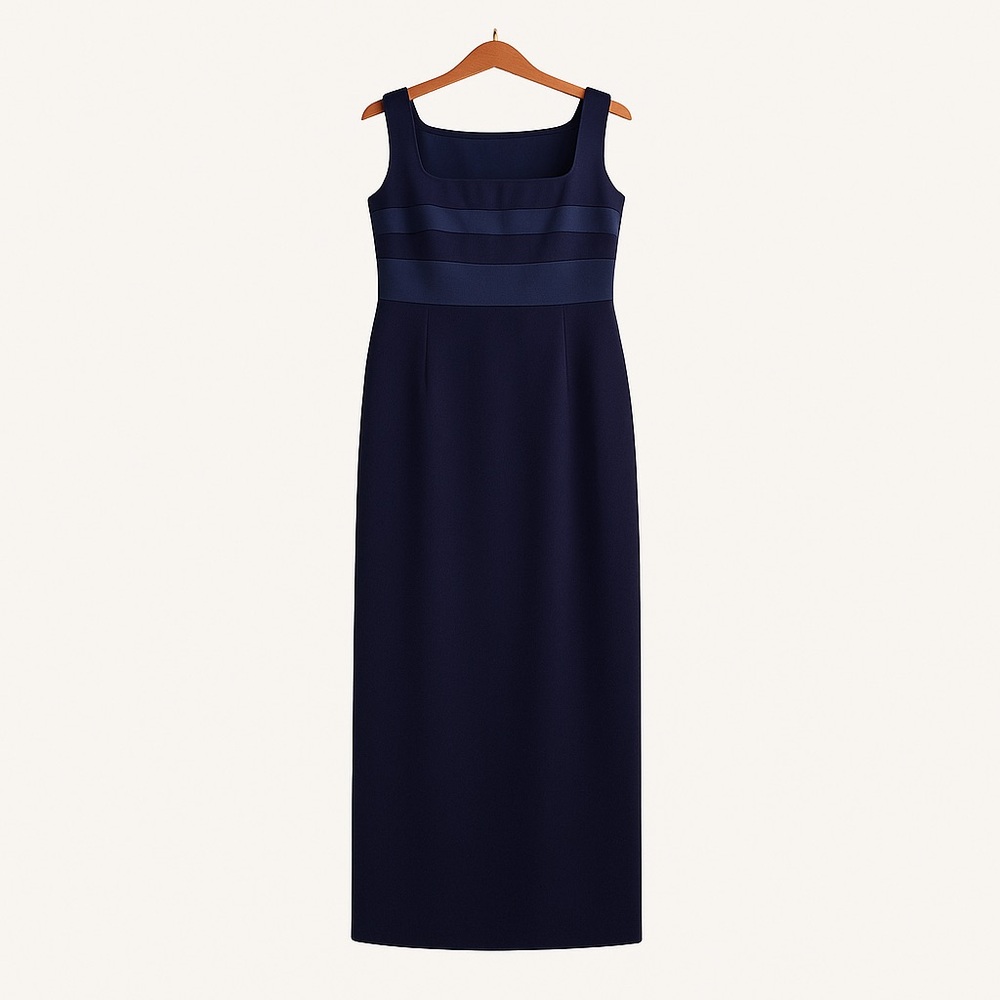 Jones New York Evening Navy Maxi Dress Size 10 Satin Band Classic Elegant